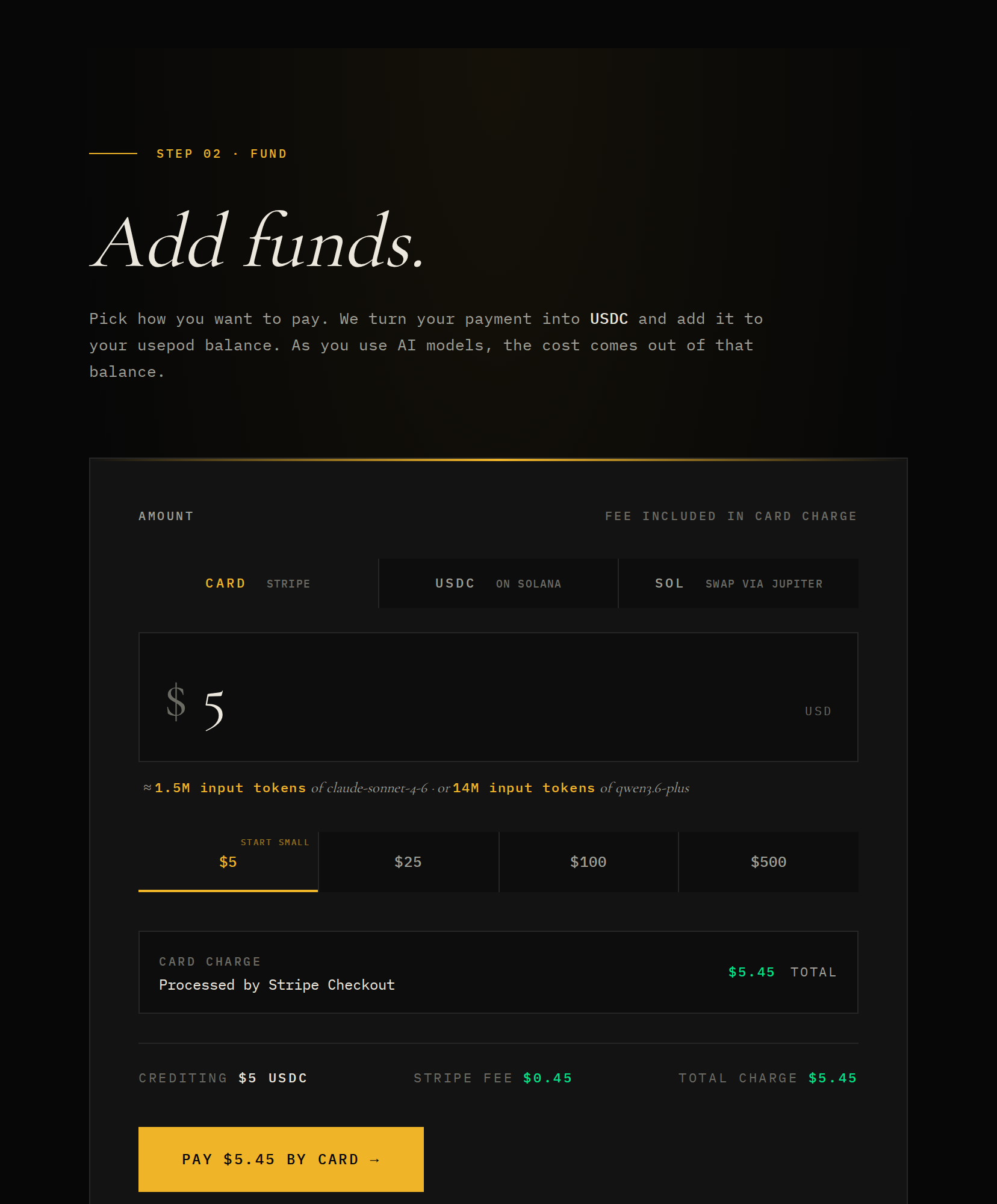 The Fund page: pay by card, USDC on Solana, or SOL; preset amounts and a fee breakdown.