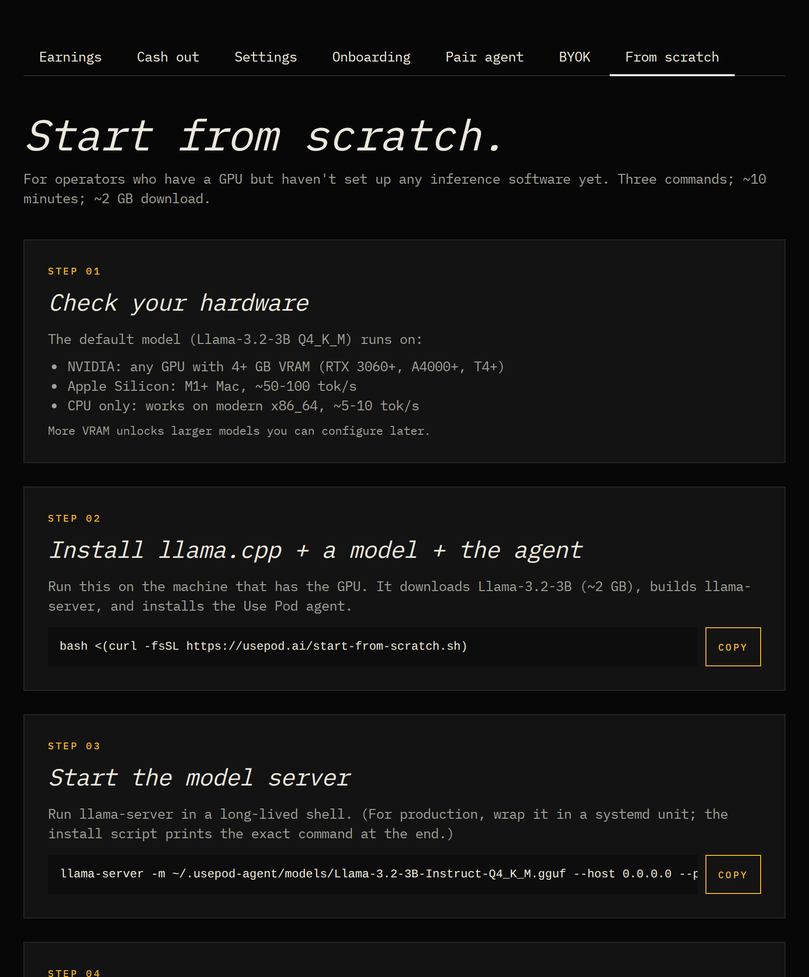 The From-scratch tab: check hardware, install llama.cpp + a model + the agent, start the server, and pair.